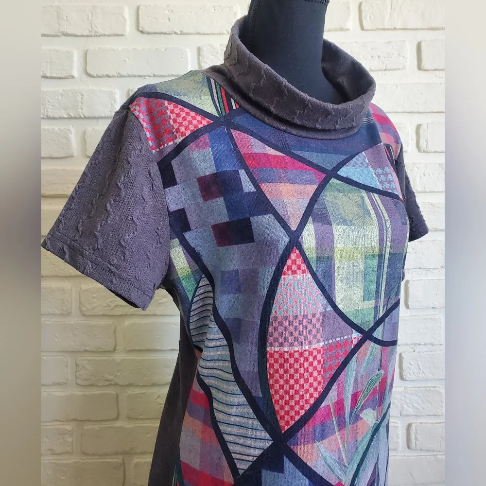 Smash! Abstract Patchwork Midi Cowl Neck Sweater Dress Short Sleeves Boho Hippie - Picture 16 of 16
